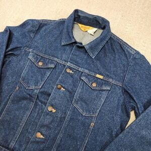 Vintage 80s 90s Denim Trucker Jacket Men Medium Rustler USA Made 13 Oz Cotton